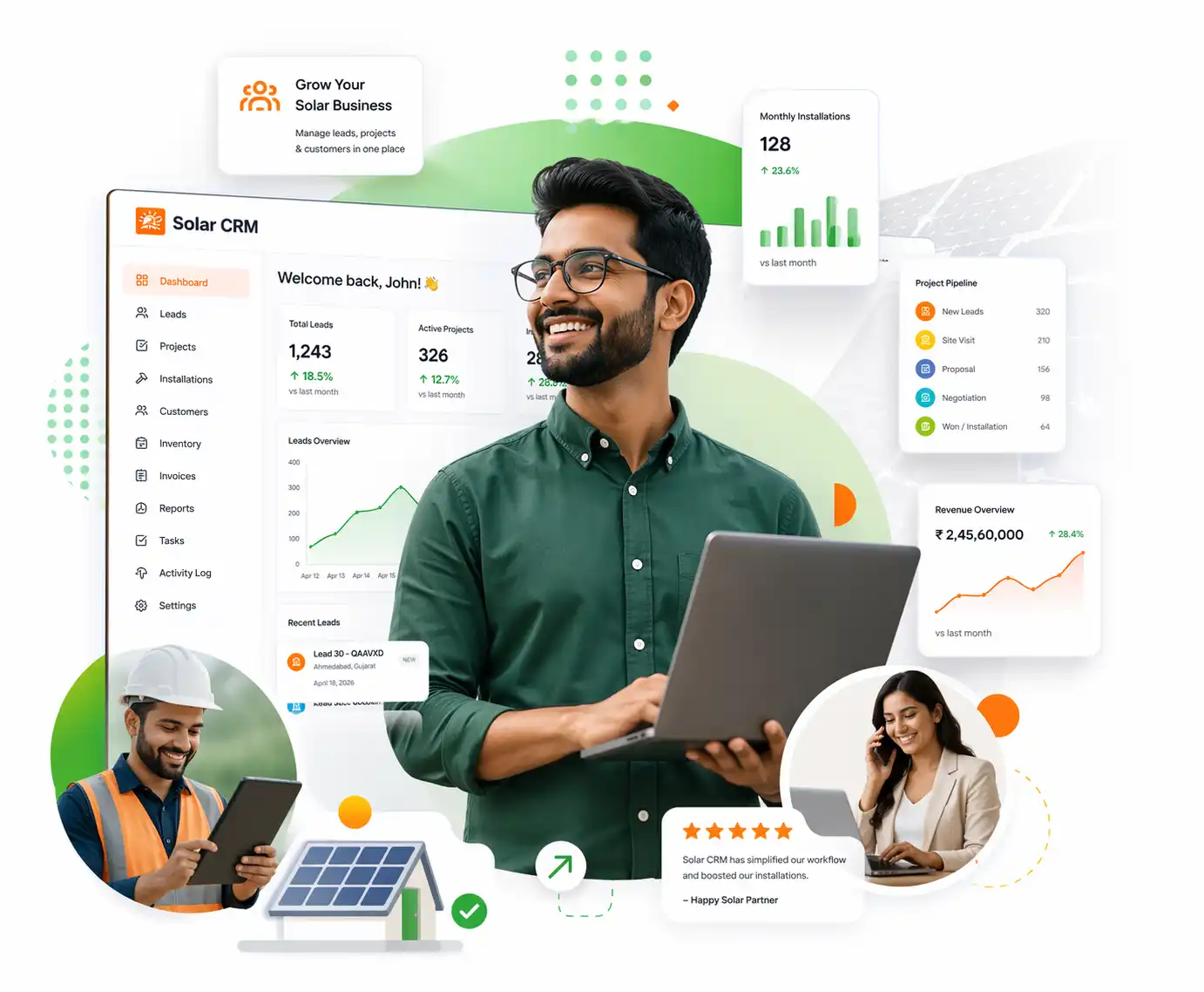 Solar CRM software dashboard for lead management and project tracking
